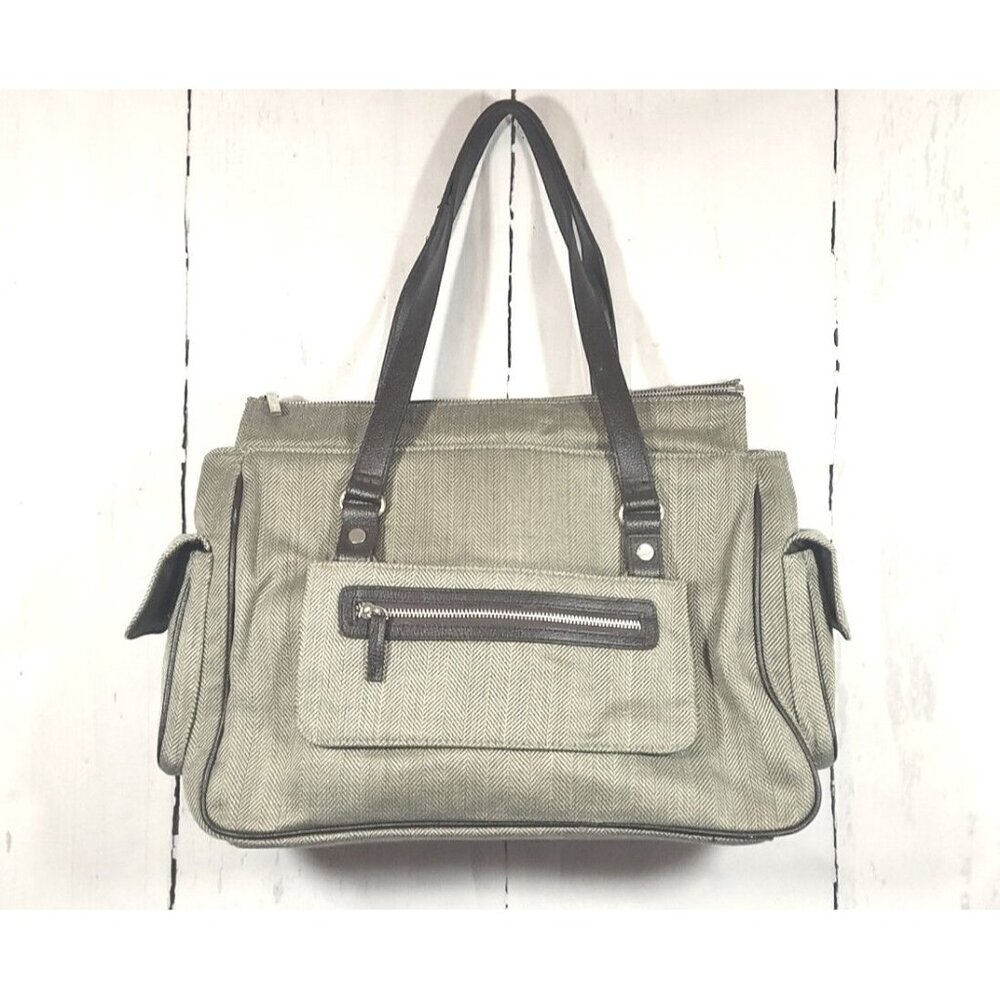 Bath Body Works Tote Khaki Green Tweed Herringbone Travel Bag Luggage Weekender